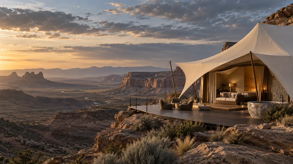 Fictional ivory canvas pavilion and private terrace overlooking a vast sandstone valley