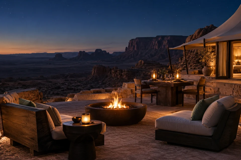 Fictional private fireside terrace set for two beneath a desert evening sky