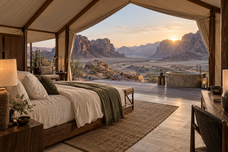 Fictional Horizon Pavilion bedroom opening onto its desert terrace